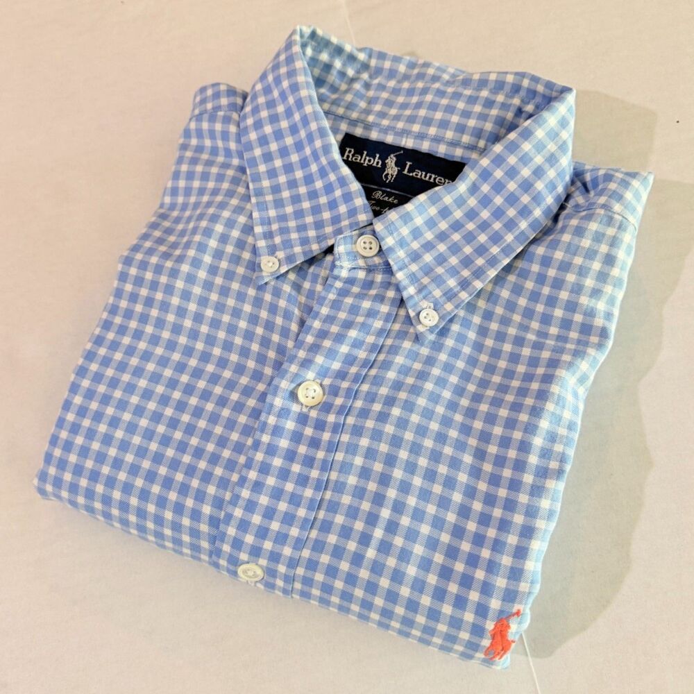 VTG 90s Ralph Lauren Blake 2-Ply 100's Blue Gingham Long Sleeve Button Down L